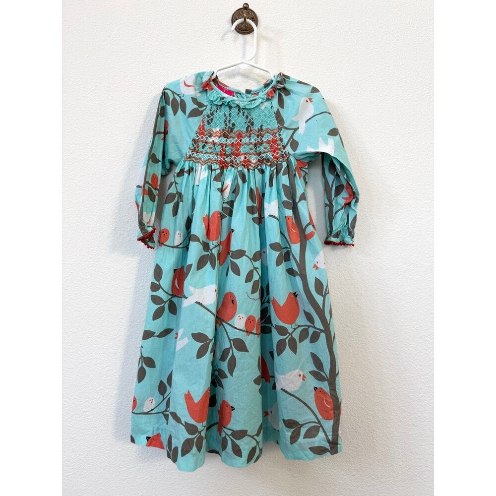 CLAIRE &‎ CHARLIE Bird Print Hand Smocked Dress Aqua Cotton Size 4 Heirloom